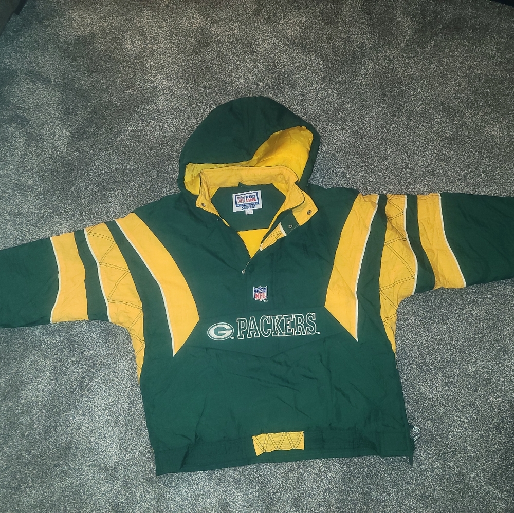 Green Bay Packers Jacket Mens Large Vintage Starter Pro Line Hood 1/4 Zip Green